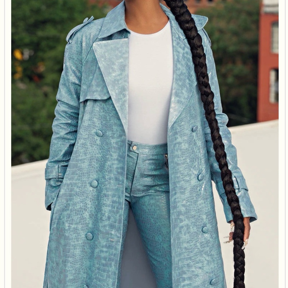 Stylish Blue faux croc Trench Coat